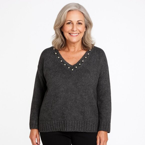 Molly Bracken Grey Knit Pullover Sweater Small Pearl Embellished Cozy Soft Fall - Picture 1 of 12
